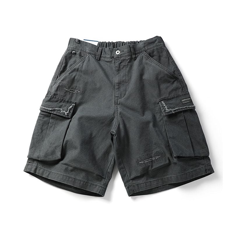 Men’s Summer Cargo 5‑Inch Shorts, American High‑Street Vibe Style, Solid Color, Ripped & Patchwork Design, Loose Casual Fit