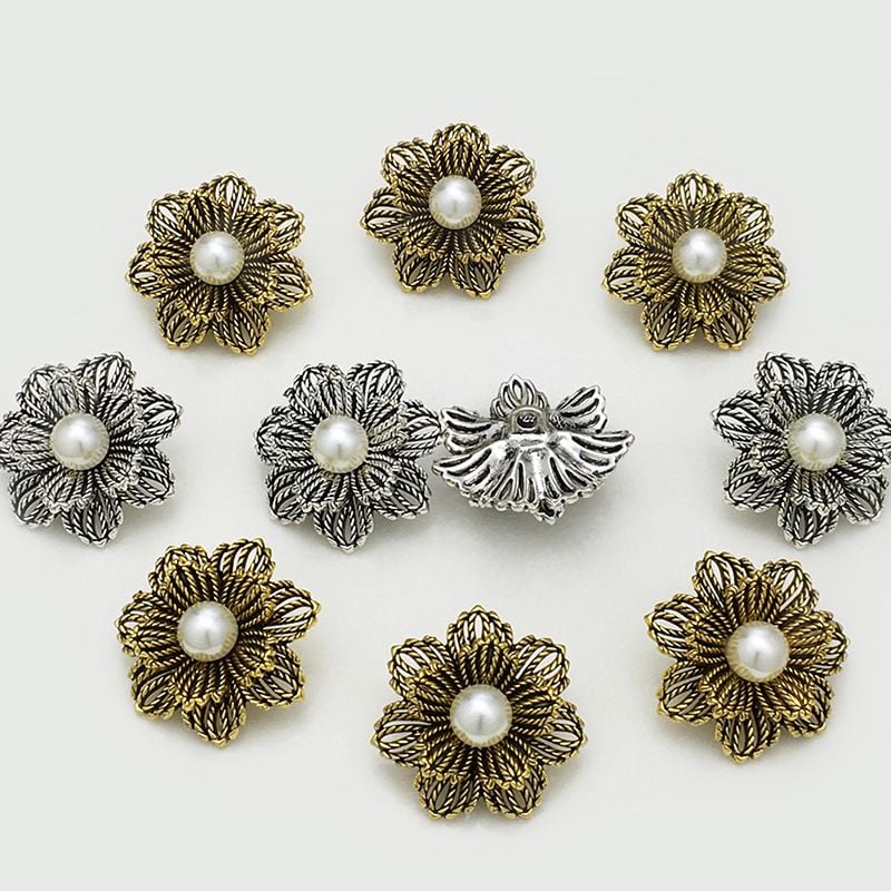 Vintage Hollow Metal Buttons with Pearl Flower Design, Versatile Garment Fasteners