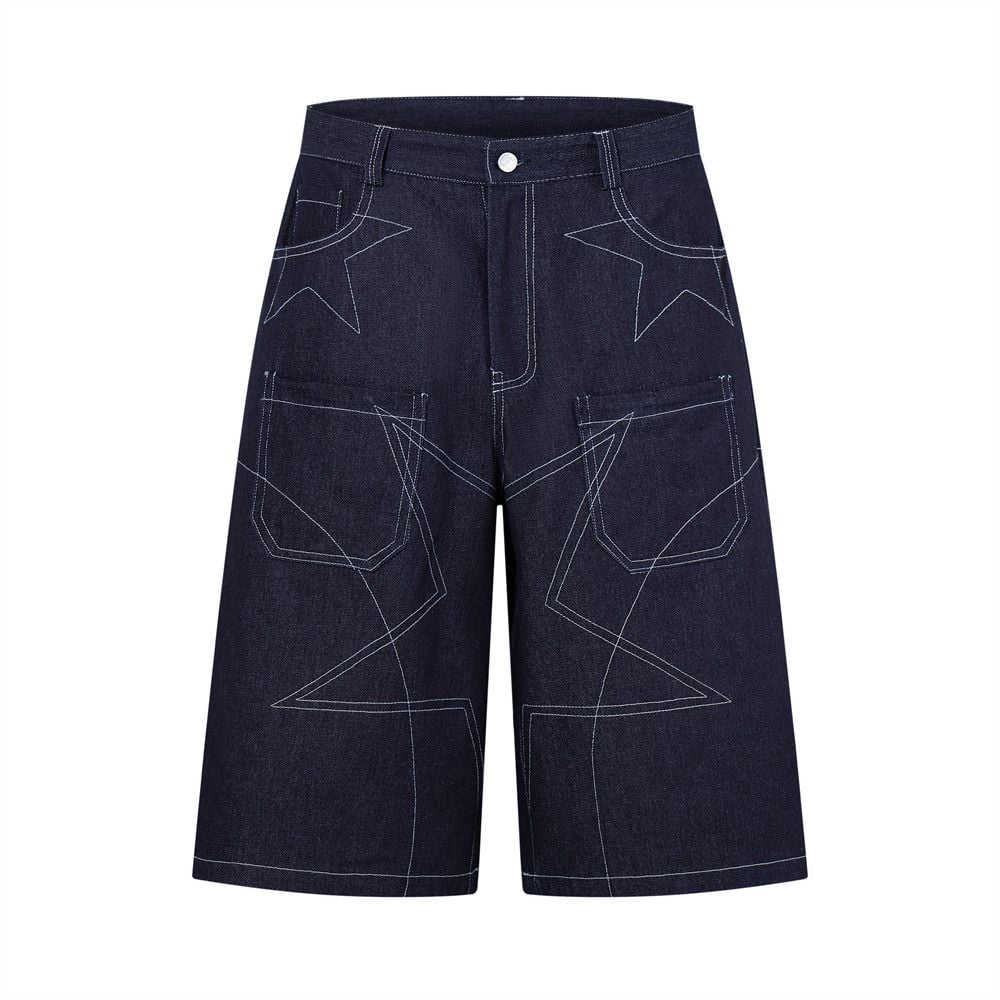 Men’s Summer Denim 5‑Inch Shorts, Loose Straight‑Fit, Star Topstitching Detail, Niche Stylish Multi‑Pocket Design