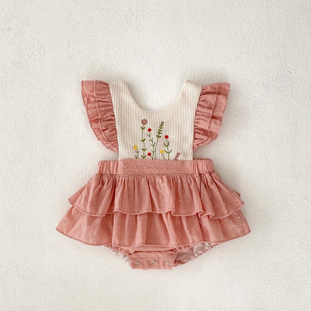 Embroidered Ruffle Baby Girls Romper Dress, Newborn Bodysuit, Princess 100 Days Banquet Party Formal Outfit