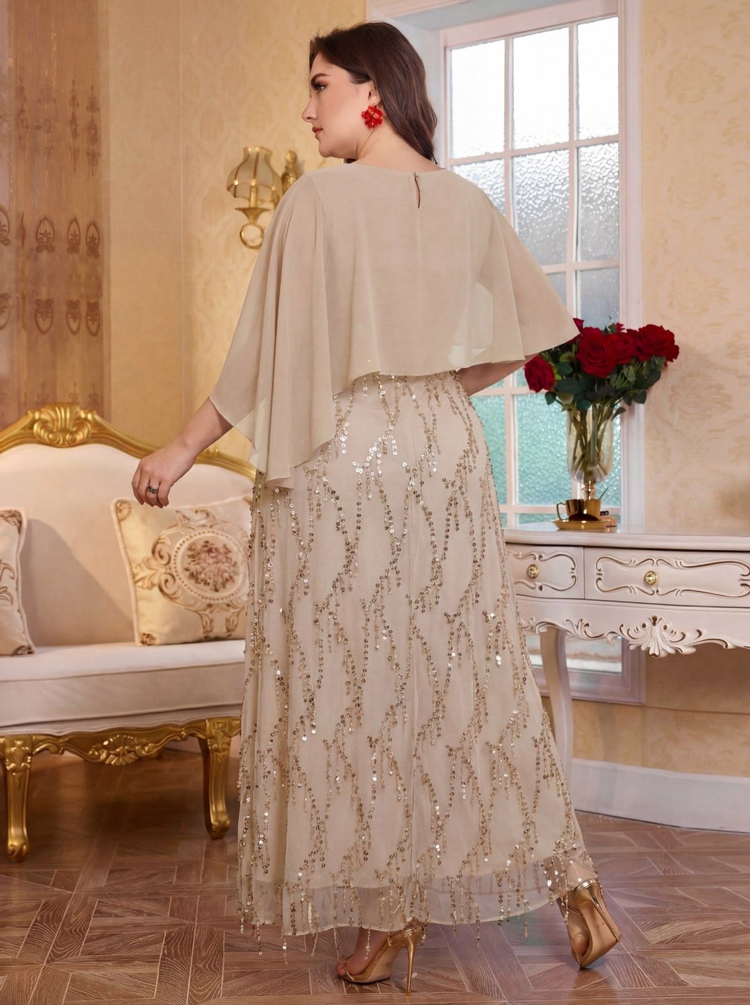 Plus Size Sequin Cami Dress With Shawl For Women