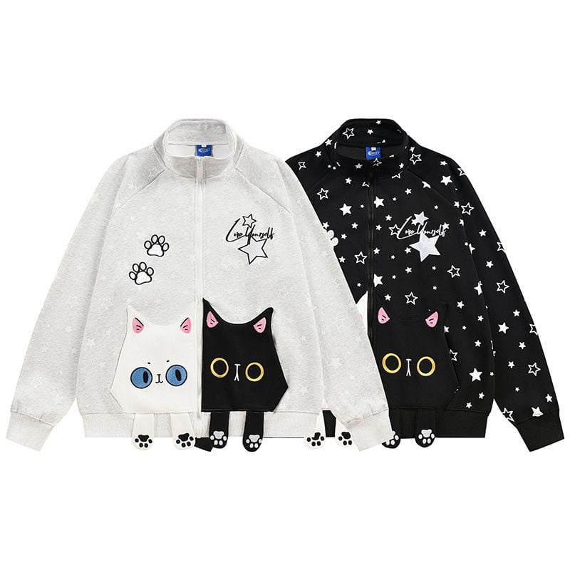 Hip Hop Star Printed Loose Zip Up Jacket, Men's Casual Cartoon Patch Pocket Stand Collar Sweatshirt Coat