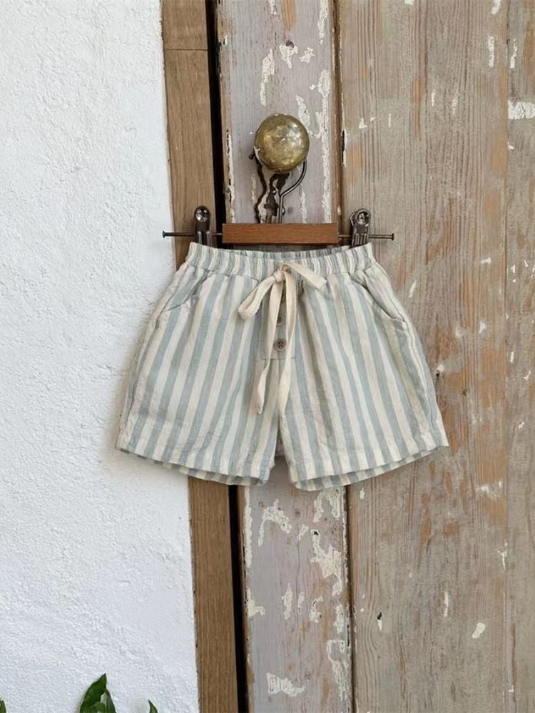 Cotton Linen Striped Casual Shorts, Button Decor, Loose & Breathable for Baby Boys