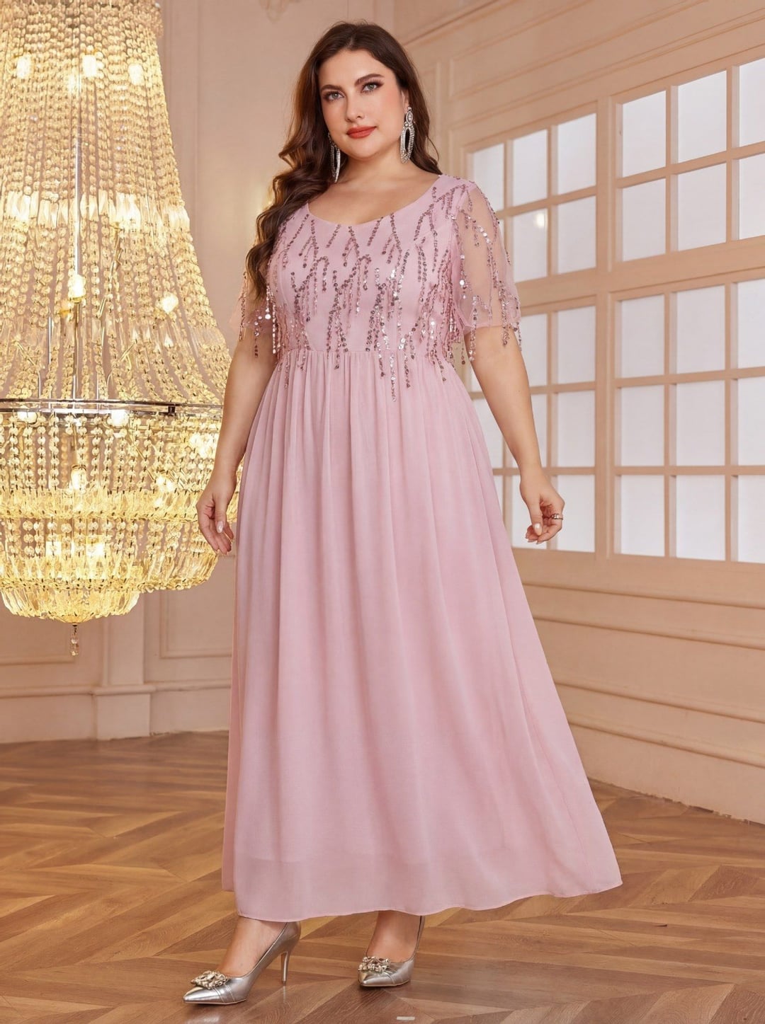 Plus Size European American Square Neck Short Sleeve Tassel Sequin Top