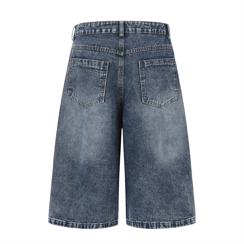 Men’s American Vintage Cartoon Carousel Horse Embroidered Denim 3/4 Shorts, Washed Distressed Cargo Loose Wide‑Leg Straight Pants