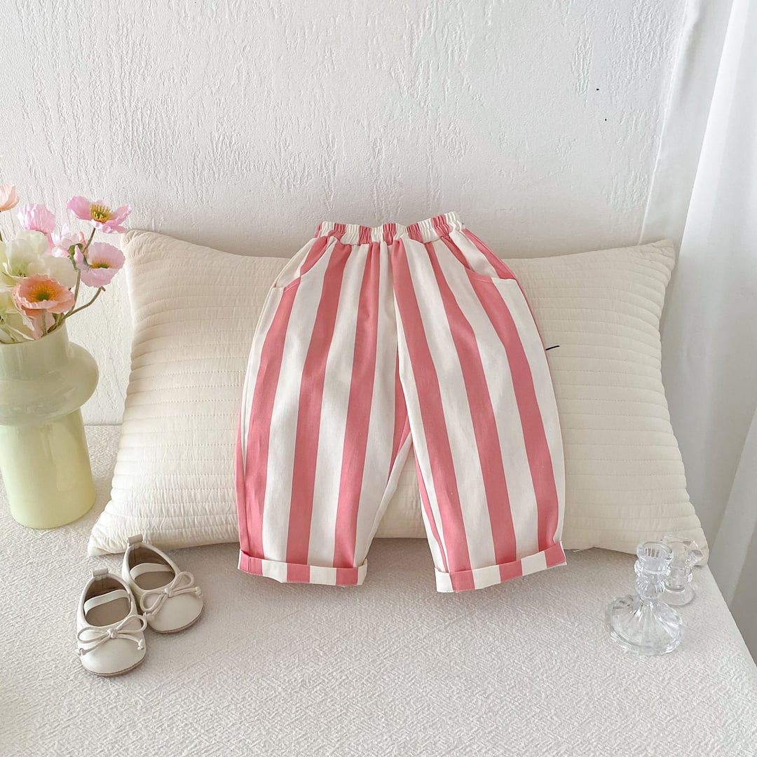 Boys & Girls Striped Drawstring Casual Pants, Loose Breathable Linen Cotton Trousers for Kids