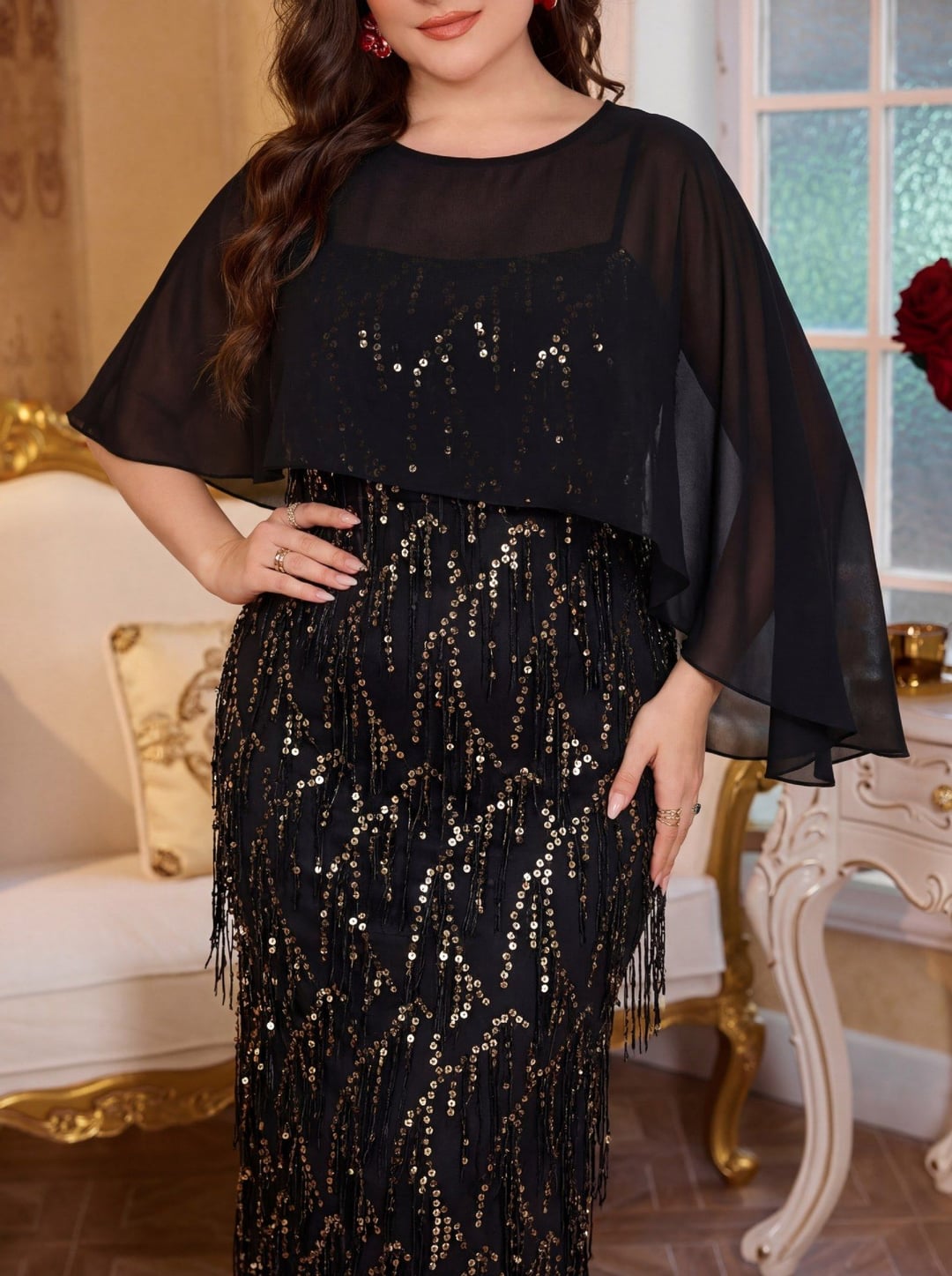 Plus Size Sequin Cami Dress With Shawl For Women