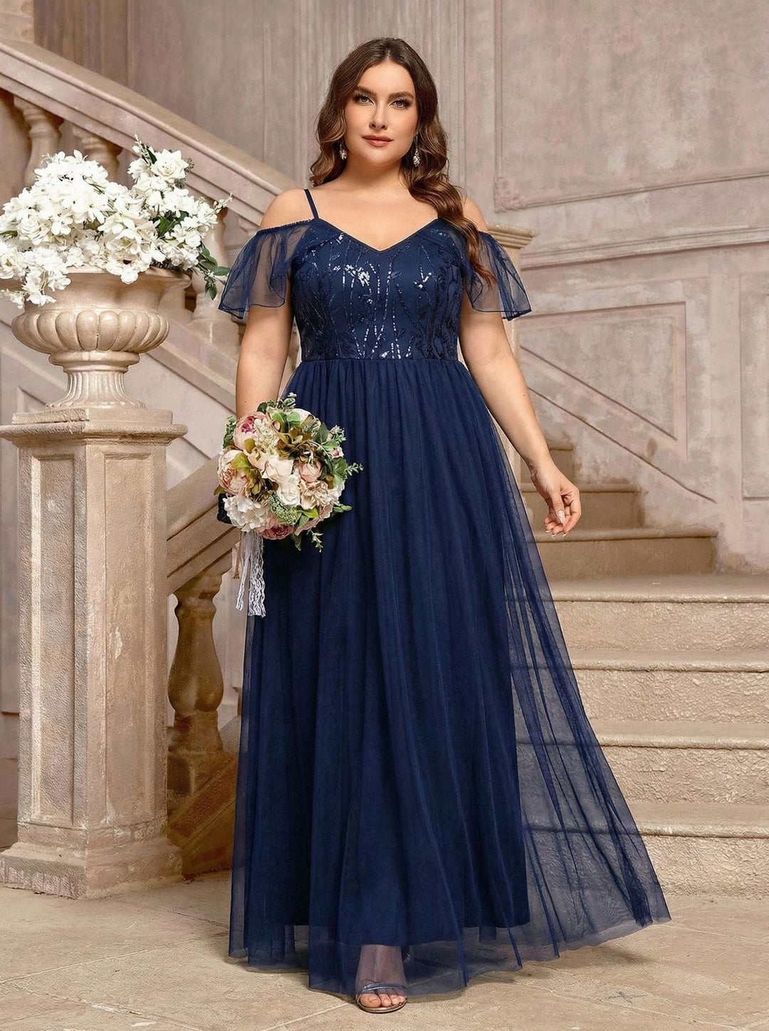 Plus Size Sequin Dress, Spaghetti Strap Flutter Sleeve