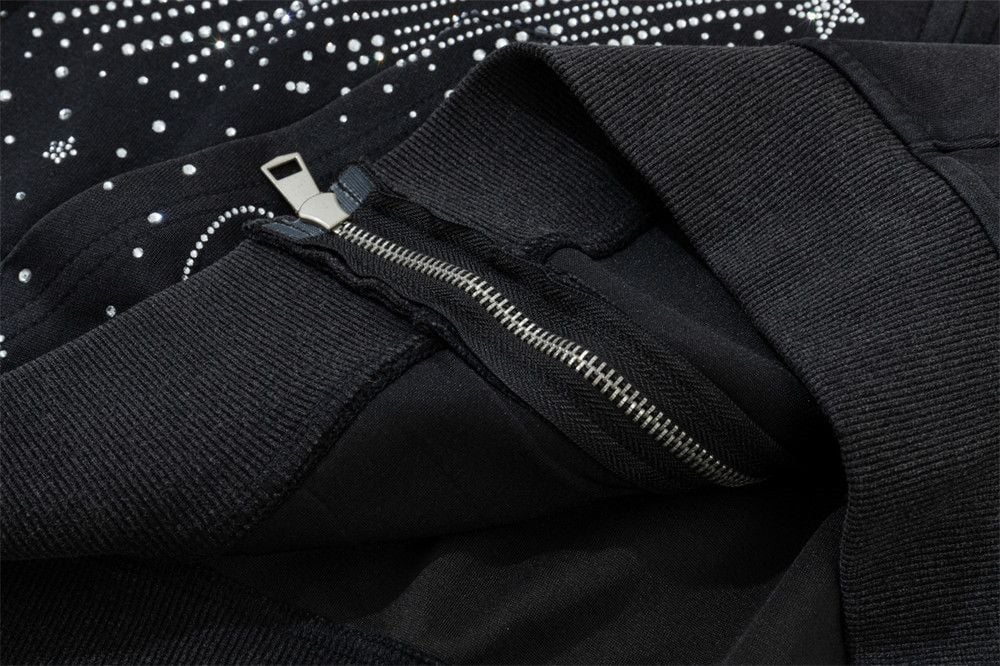 Men Starry Bling Hot‑Fix Rhinestone Hooded Zip‑Up Cardigan, Hip‑Hop Street‑Style Unique Double‑Slider Zipper Sweatshirt Jacket for Spring Autumn