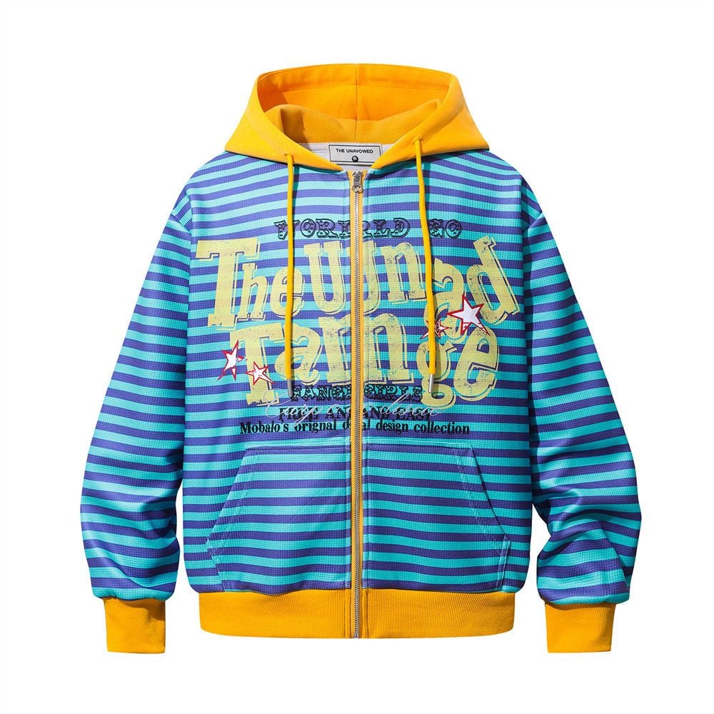 Men American‑Style Striped Letter Print Zip‑Up Hoodie, Loose Street‑wear Casual Sweatshirt Jacket for Spring and Autumn