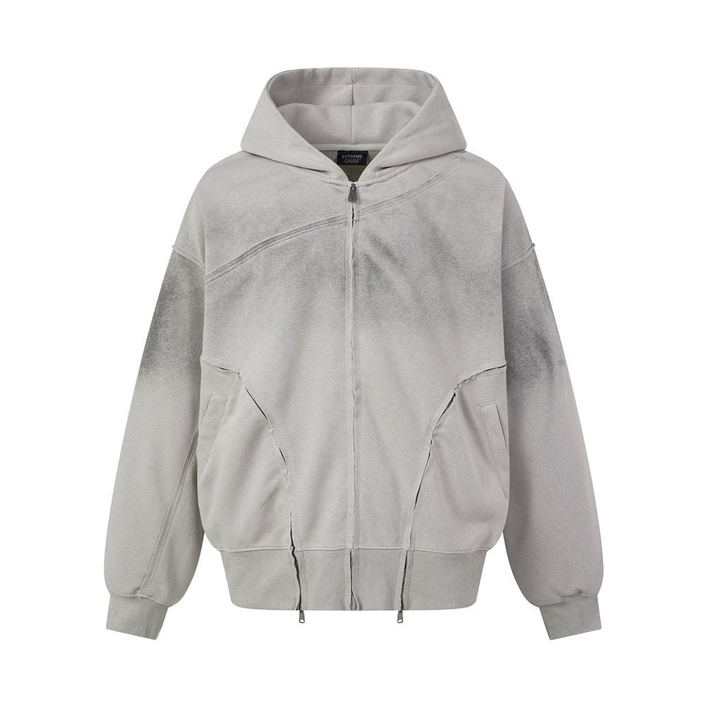 Men Hooded Jacket | Wasteland Tie‑Dye Distressed Finish, Punk Style, Multi‑Zipper Splicing, Asymmetrical Raw‑Edge Detail