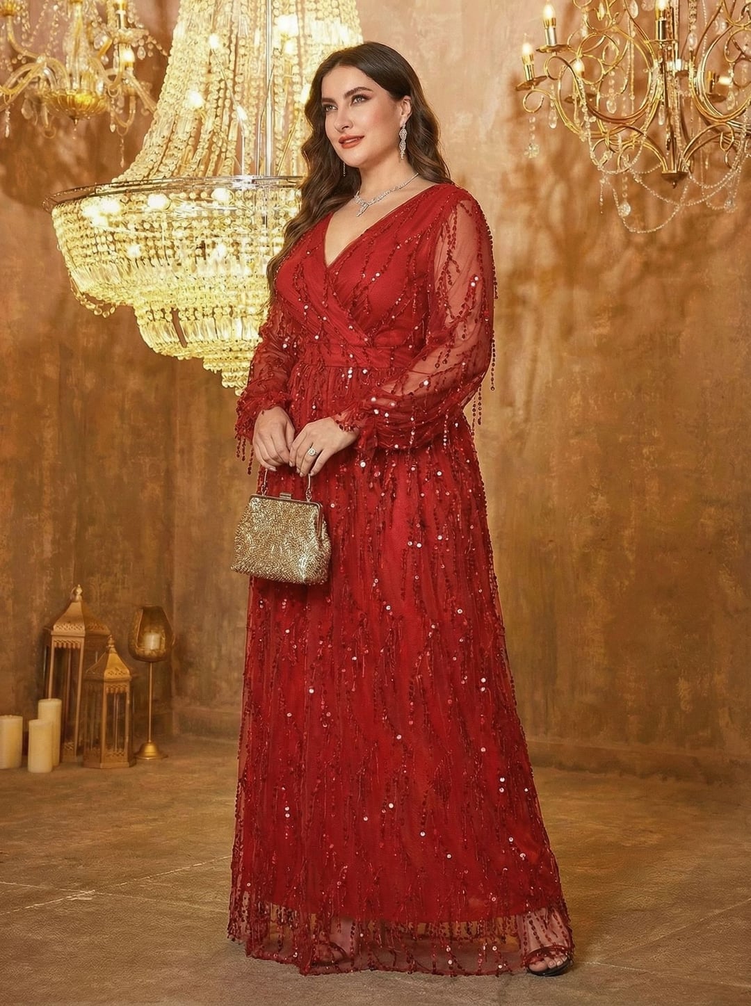 Plus Size Women Dress, European American V-Neck Long Sleeve Slit Sequin Elegant Style