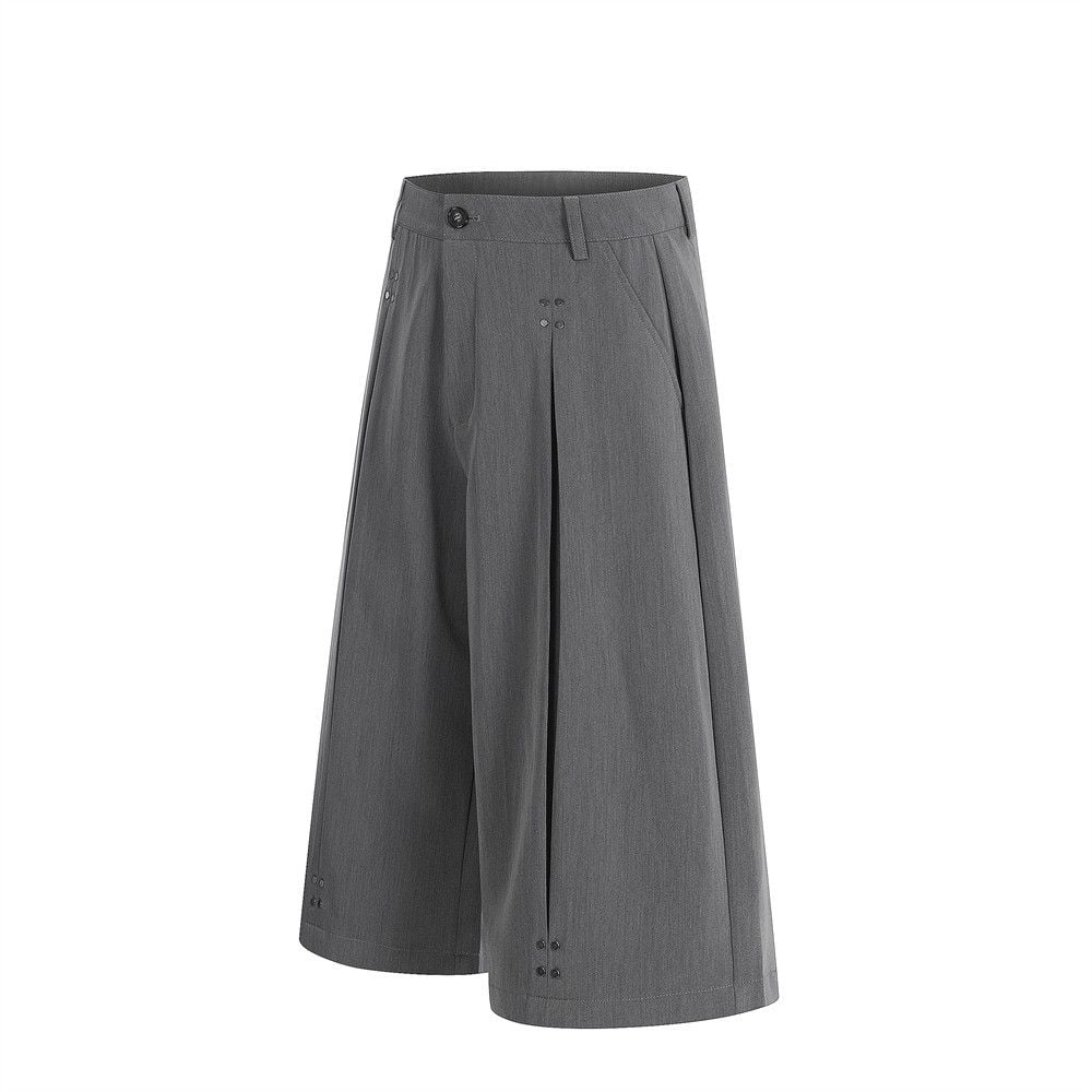 Men's Japanese‑style Streetwear Cropped Suit Trousers, Stud Detail Pleated Design, Drapey Wide‑Leg 7‑Point Shorts for Summer