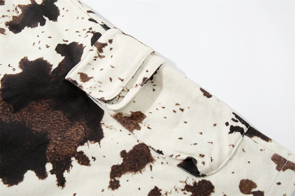 Men's Color Block Cow Print Tie-dye Camo Denim Seven-Point Pants Loose Summer Men's Wear