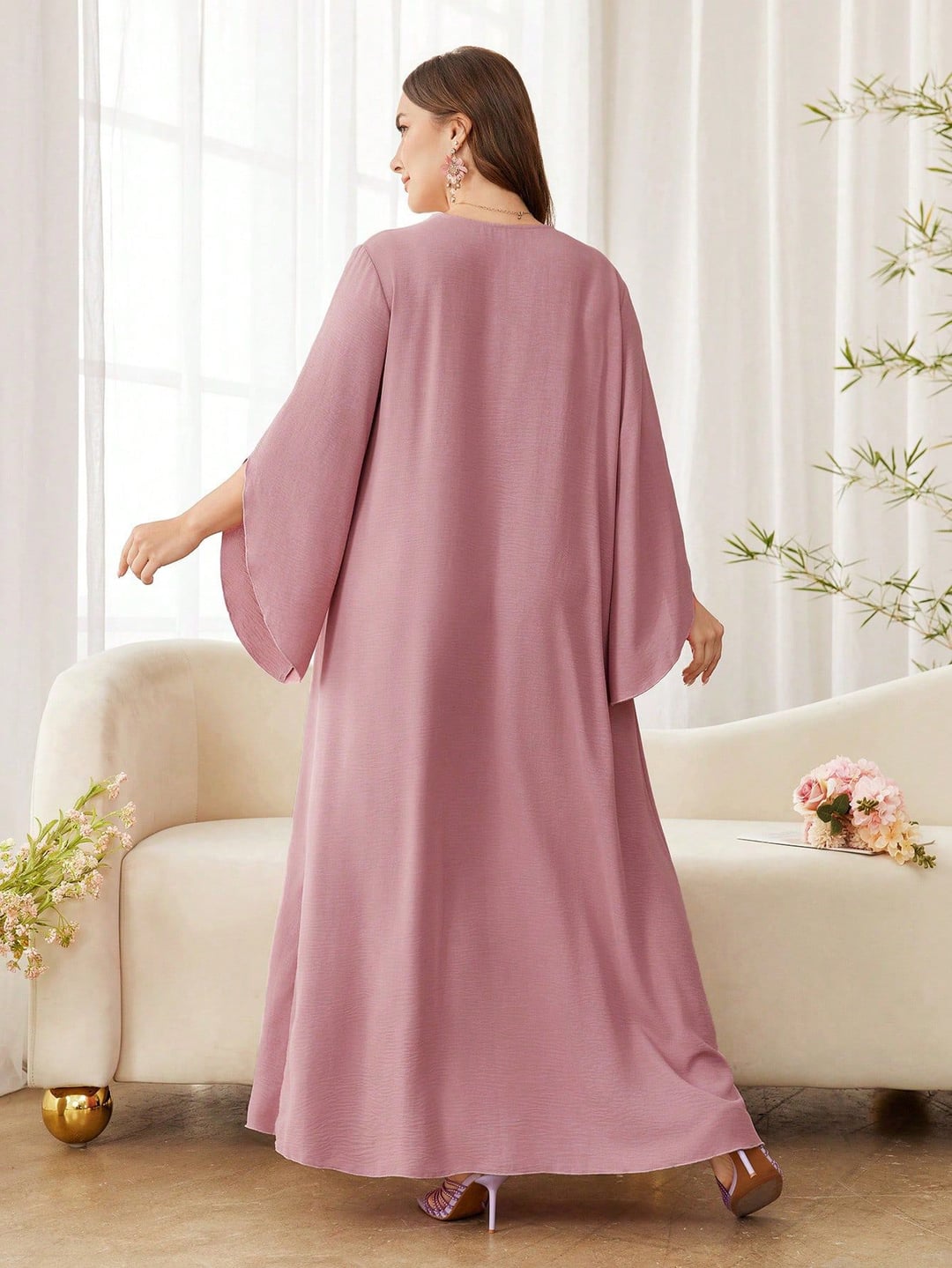 Plus Size Women Ethnic Style Loose Long Dress, V Neck