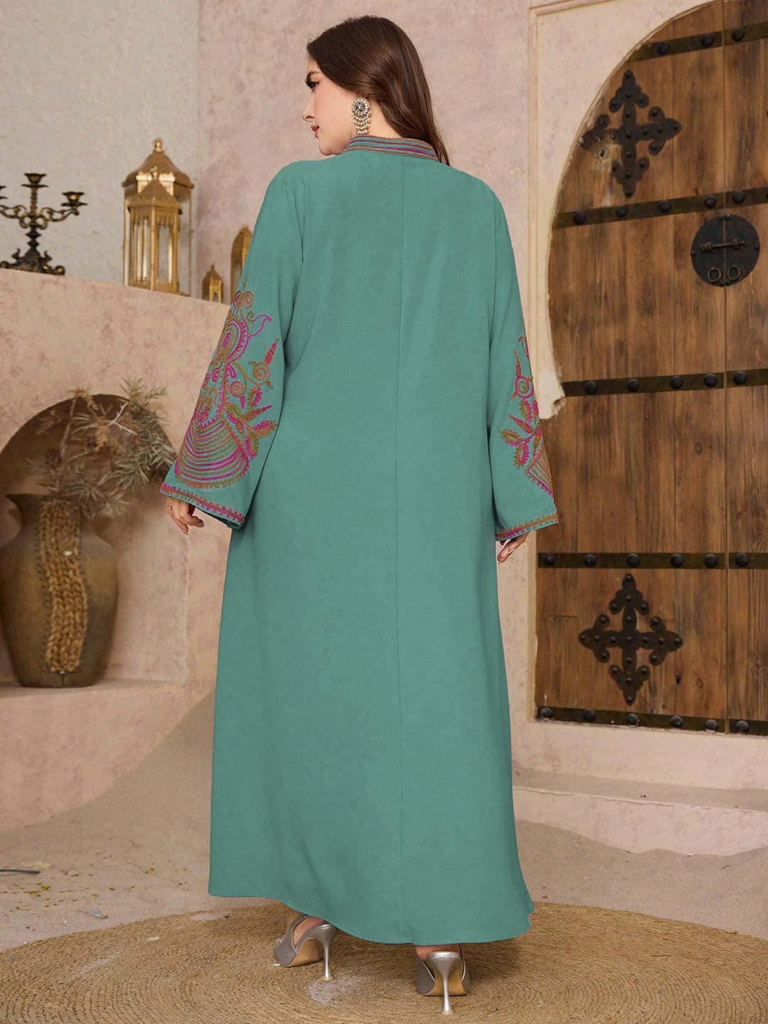 Plus size ethnic style long loose dress, small V-neck, slight satin finish