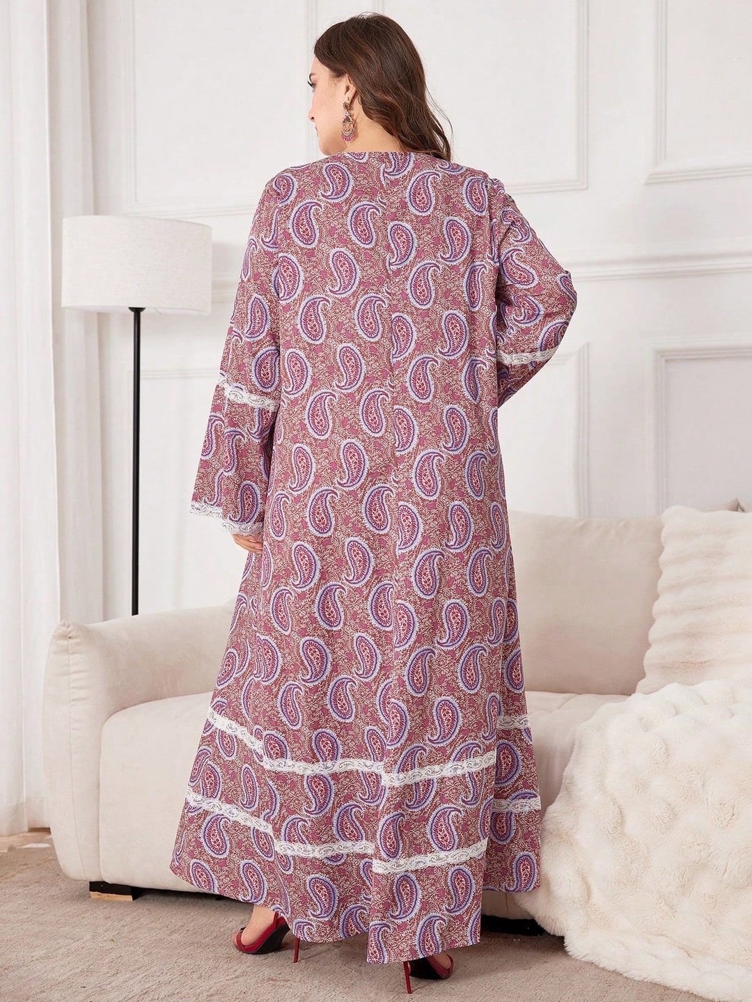 Plus Size Ethnic Style Loose Long Dress, Lace Spliced Mini V Neck
