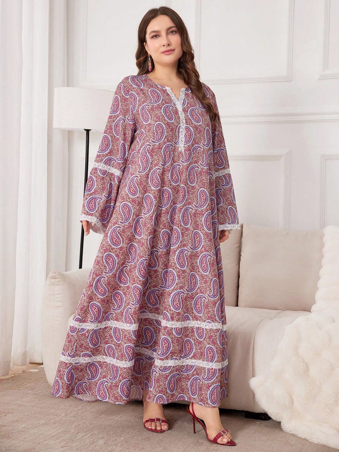 Plus Size Ethnic Style Loose Long Dress, Lace Spliced Mini V Neck