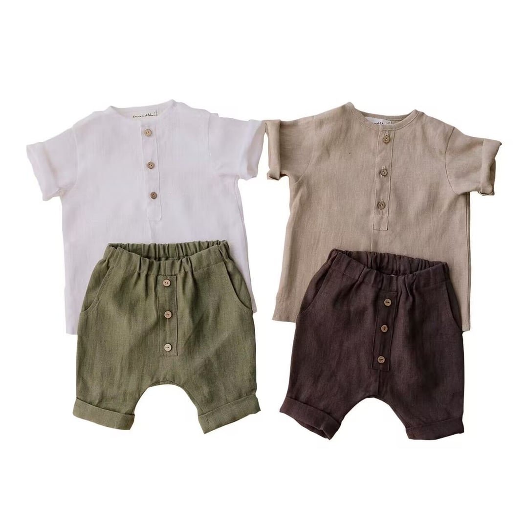 Summer Linen Cotton Boys Outfit, Solid Color Short Sleeve T-shirt + 7/8 Length Pants 2-Piece Set, Breathable Linen Cotton Toddler Baby Boys Matching Set