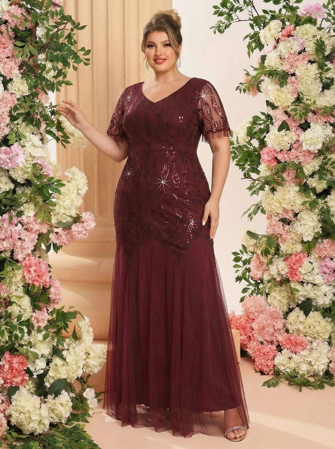 Plus Size Sequin Patchwork Mesh V-Neck Short Sleeve Evening Dress