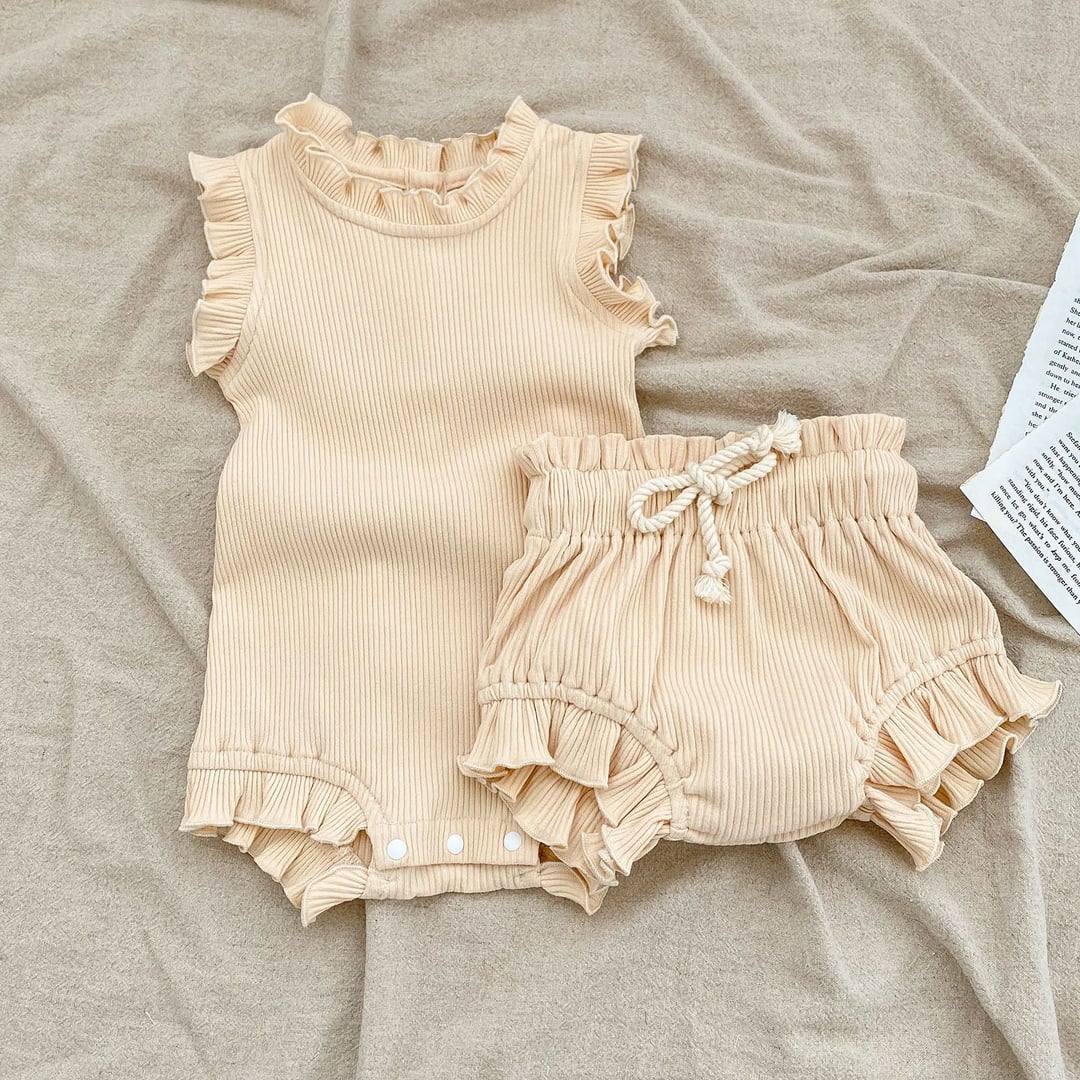 Ribbed Baby Romper Set, Ruffle Trim Girls Onesie with Drawstring Big Butt Pants, Spring Summer Outfit