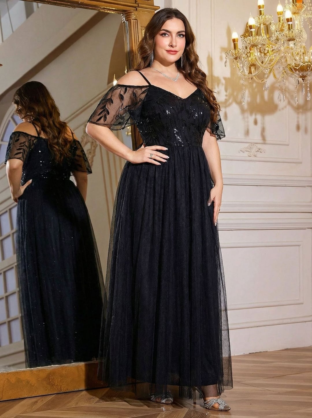 Plus Size Sequin Dress, Spaghetti Strap Flutter Sleeve