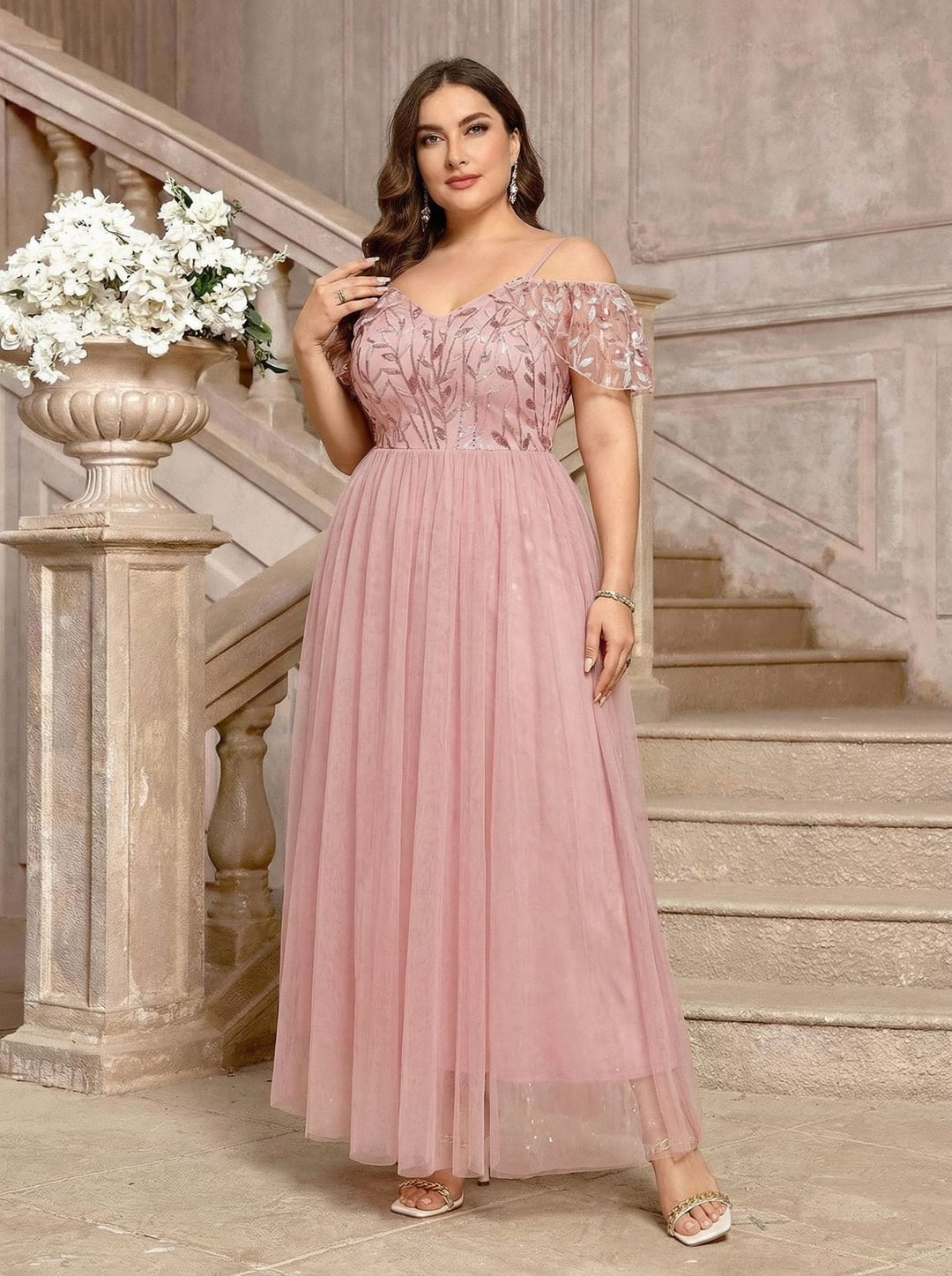 Plus Size Sequin Dress, Spaghetti Strap Flutter Sleeve