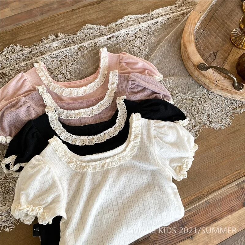 Korean Style Baby Girls Knit Top, Hollow Out Design, Lace Neck & Puff Short Sleeve, Cute Summer T-shirt