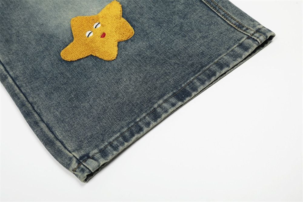 Men’s INS European Hip‑Hop Denim 5‑Inch Shorts, Fun Cartoon Motif, A‑Line Silhouette, Vintage Washed, Flock Embroidery Detail, Loose Wide‑Leg Street Shorts