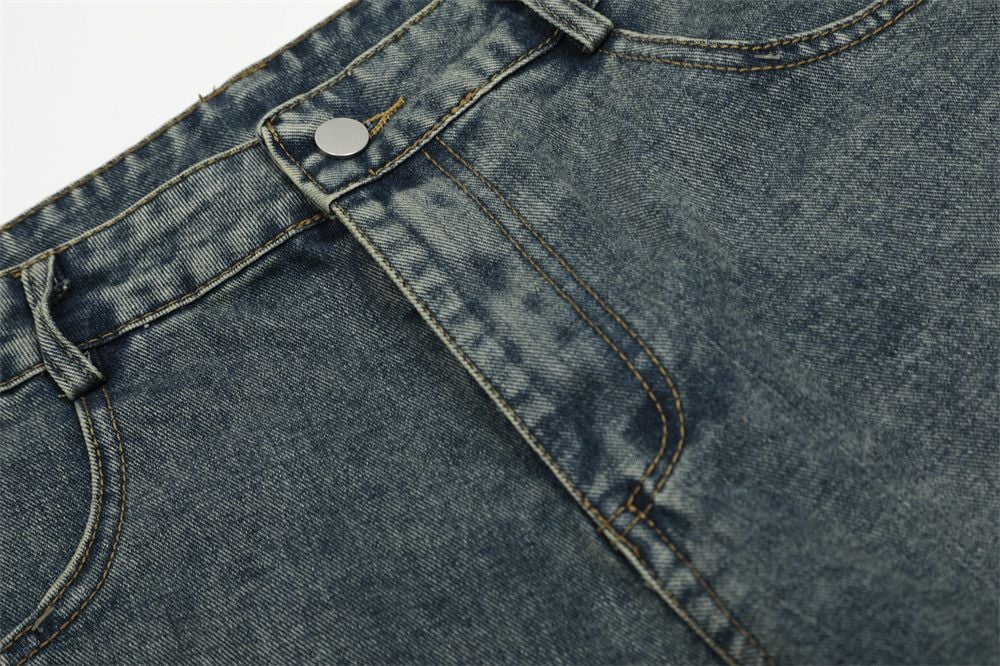 Men’s INS European Hip‑Hop Denim 5‑Inch Shorts, Fun Cartoon Motif, A‑Line Silhouette, Vintage Washed, Flock Embroidery Detail, Loose Wide‑Leg Street Shorts