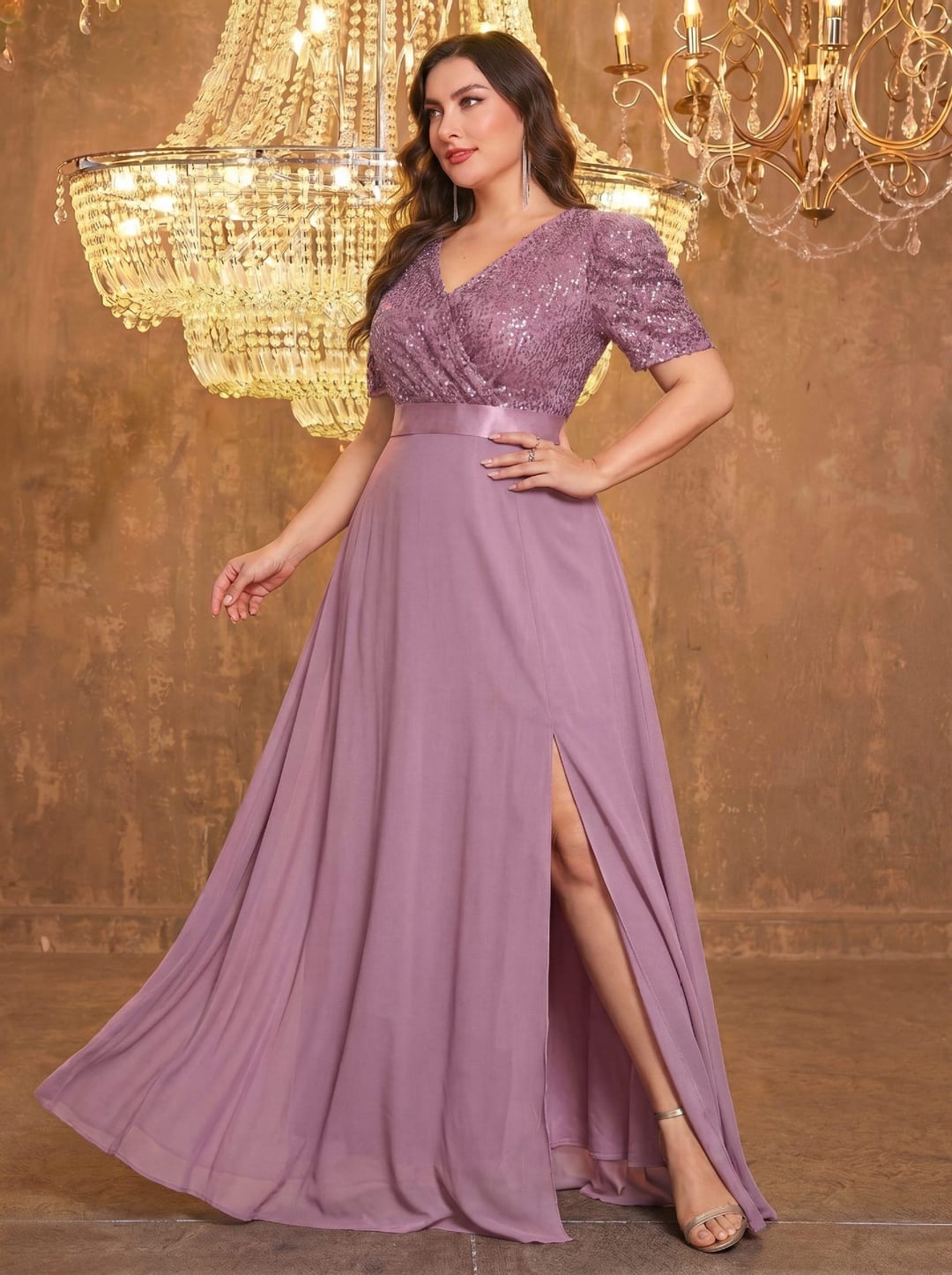 Plus Size European American V-Neck Long Sleeve Split Sequin Elegant Evening Dress