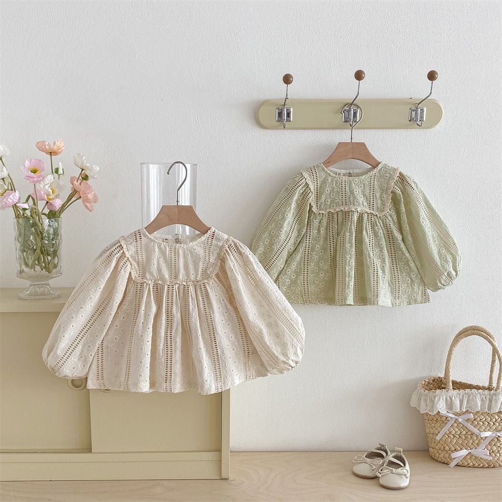 Korean Style Ins Baby Girls Blouse, Lace Embroidery French Princess Doll Shirt for Spring Summer