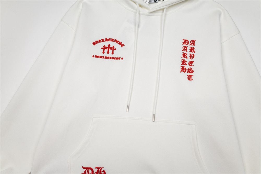 Dark Tone Cross & Sanskrit Gothic Letter Embroidered Hoodie, Men's Trendy Loose Pullover Sweatshirt Spring Autumn