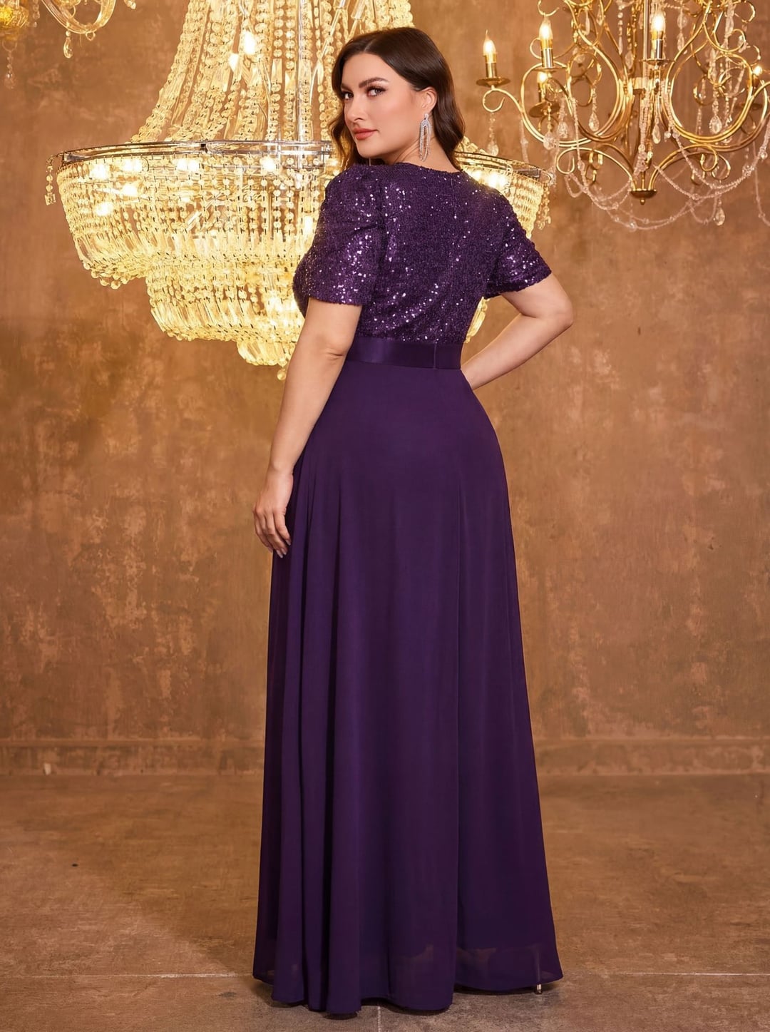 Plus Size European American V-Neck Long Sleeve Split Sequin Elegant Evening Dress
