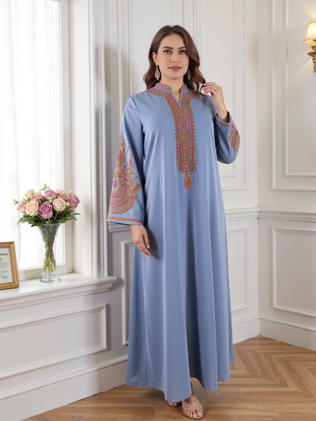 Plus Size Ethnic Loose Long Dress With Colorful Sequin Lace Decoration