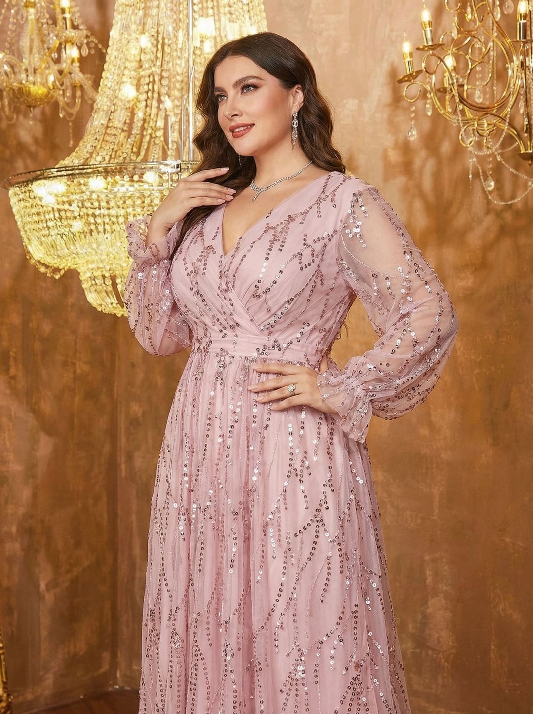 Plus Size Women Dress, European American V-Neck Long Sleeve Slit Sequin Elegant Style