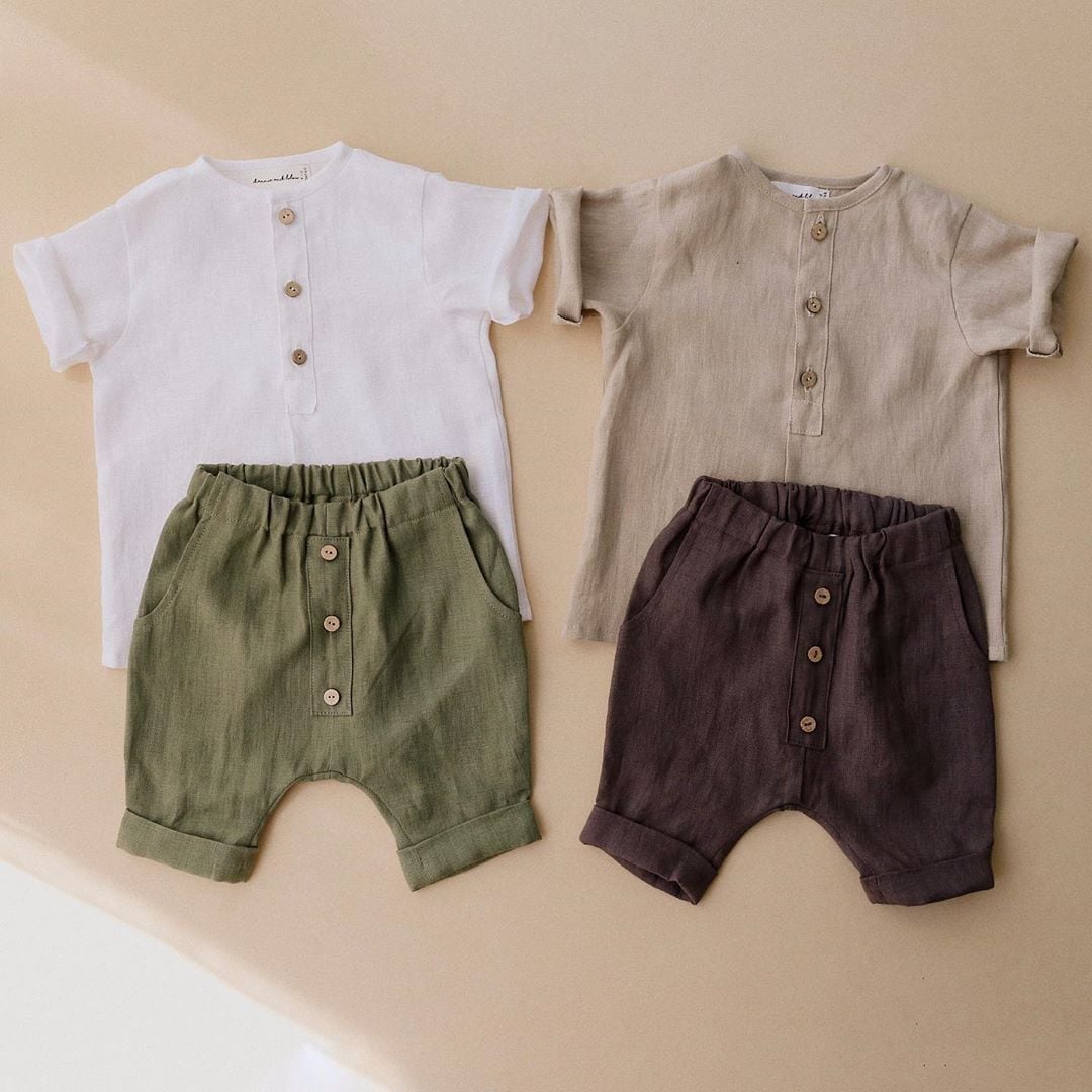 Summer Linen Cotton Boys Outfit, Solid Color Short Sleeve T-shirt + 7/8 Length Pants 2-Piece Set, Breathable Linen Cotton Toddler Baby Boys Matching Set