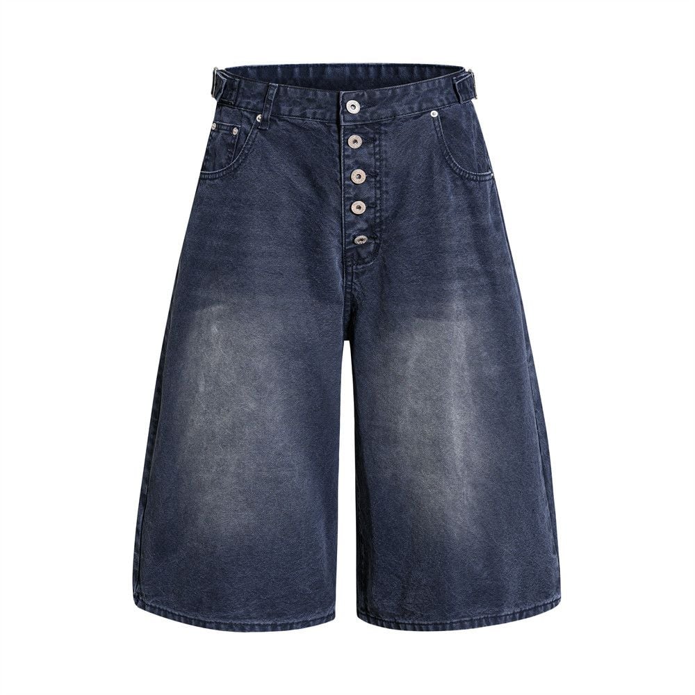 Men’s Summer Punk Street‑Style Canvas Work Shorts, Button Fly, Washed Distressed, Loose Fit, 7/8 Length