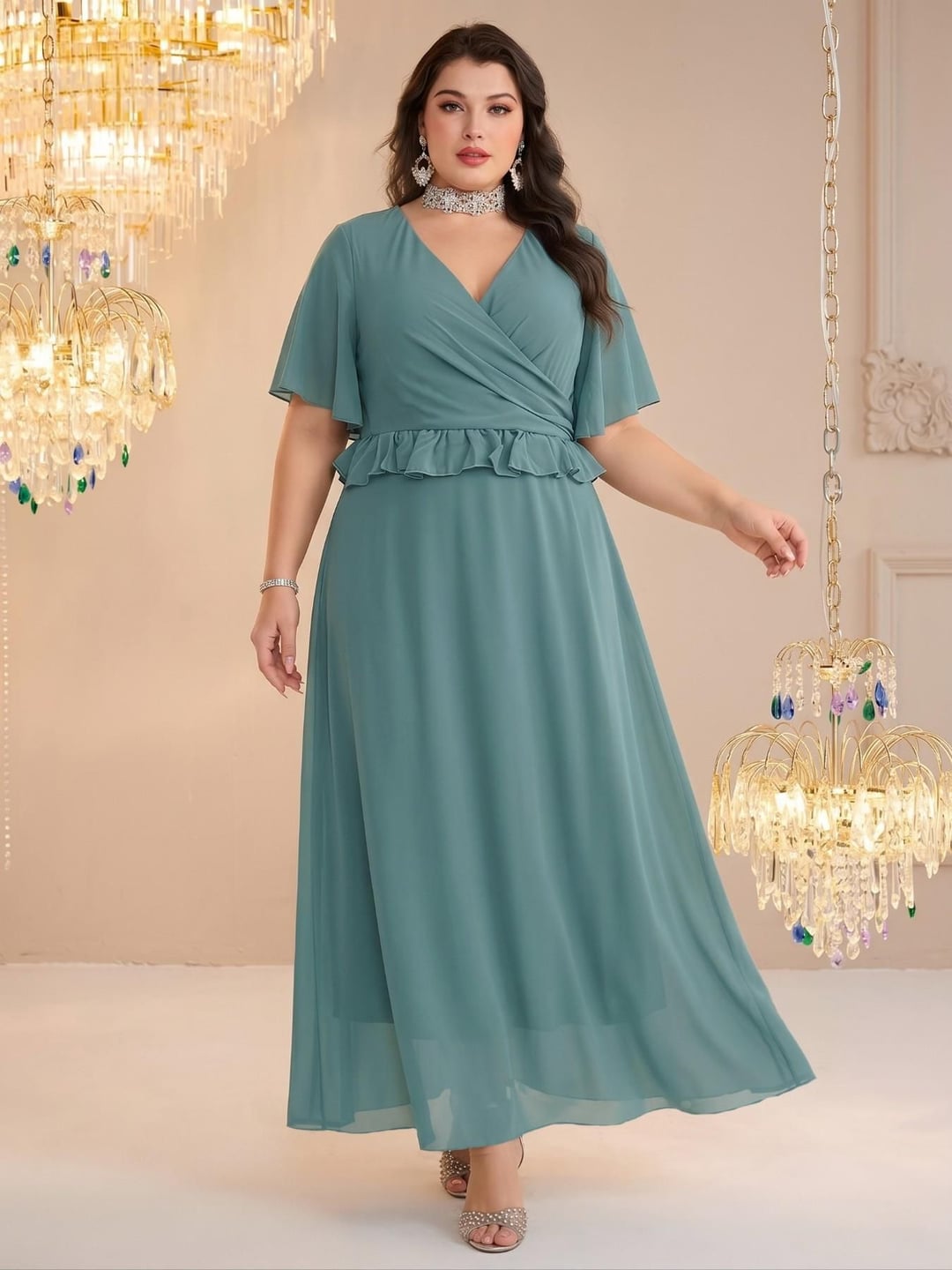 Women's Plus Size Elegant Cross V-Neck Ruffle Waist Slimming Summer Dress