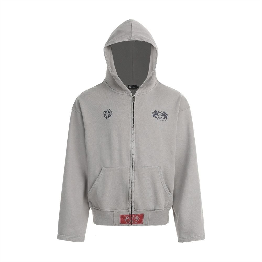 Men Streetwear Zip‑Up Hoodie Jacket, Vintage Print with Distressed Abrasion Finish, Casual Sport Sweatshirt for Spring Autumn