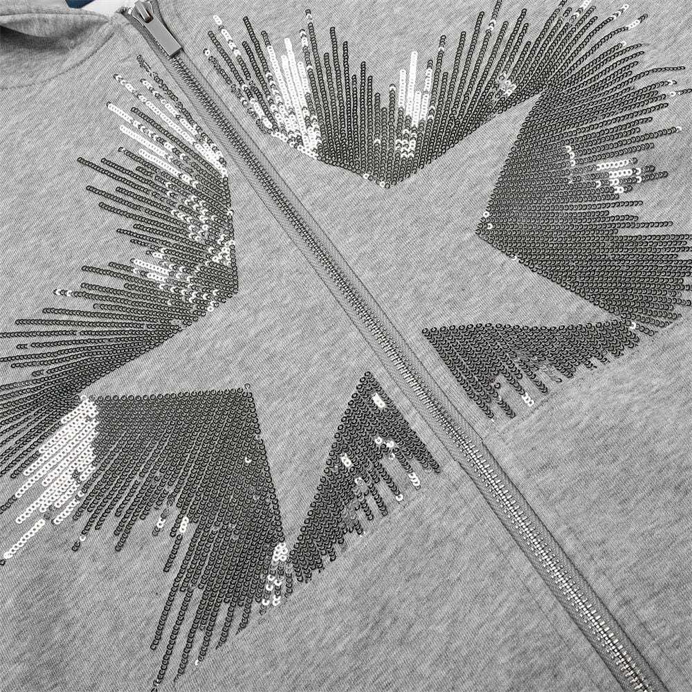 Men High‑Street Unique Design Hoodie Jacket, Star Sequin Embroidery Two‑Way Zipper Loose Casual Sweatshirt for Spring Autumn