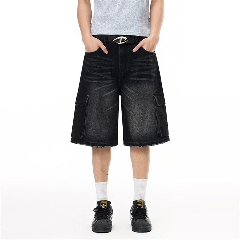 Men's American Vintage Washed Denim Cargo Shorts, Loose Casual Fit