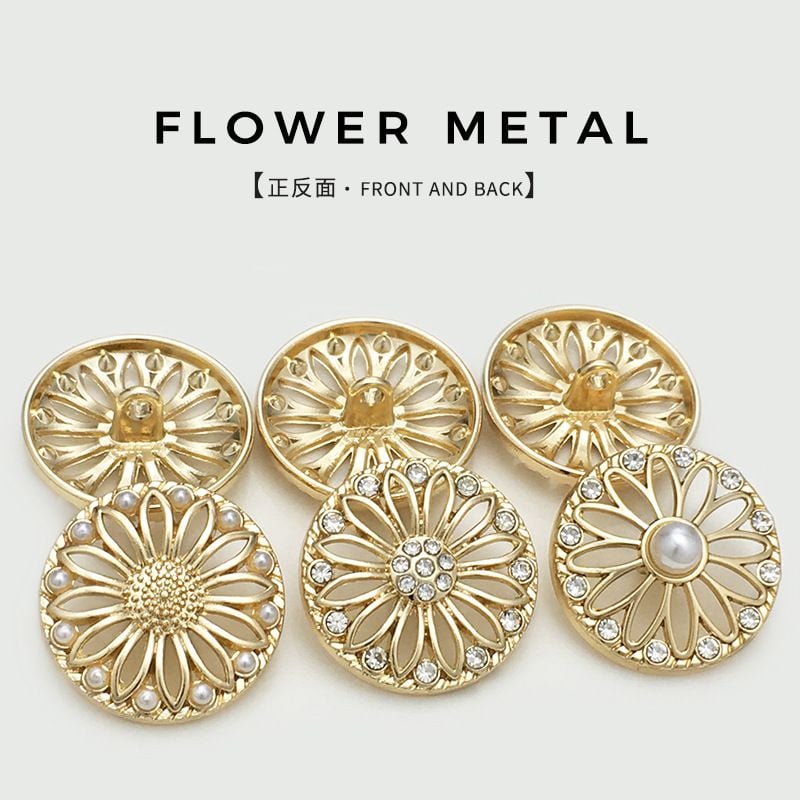 Hollow Floral Metal Buttons with Pearls and Rhinestones