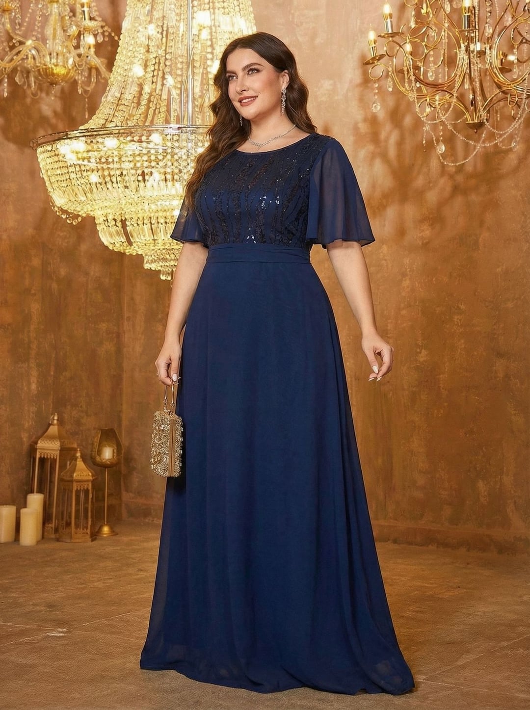 Elegant Plus Size Sequin Bridesmaid Dress, Sequin Spliced Chiffon