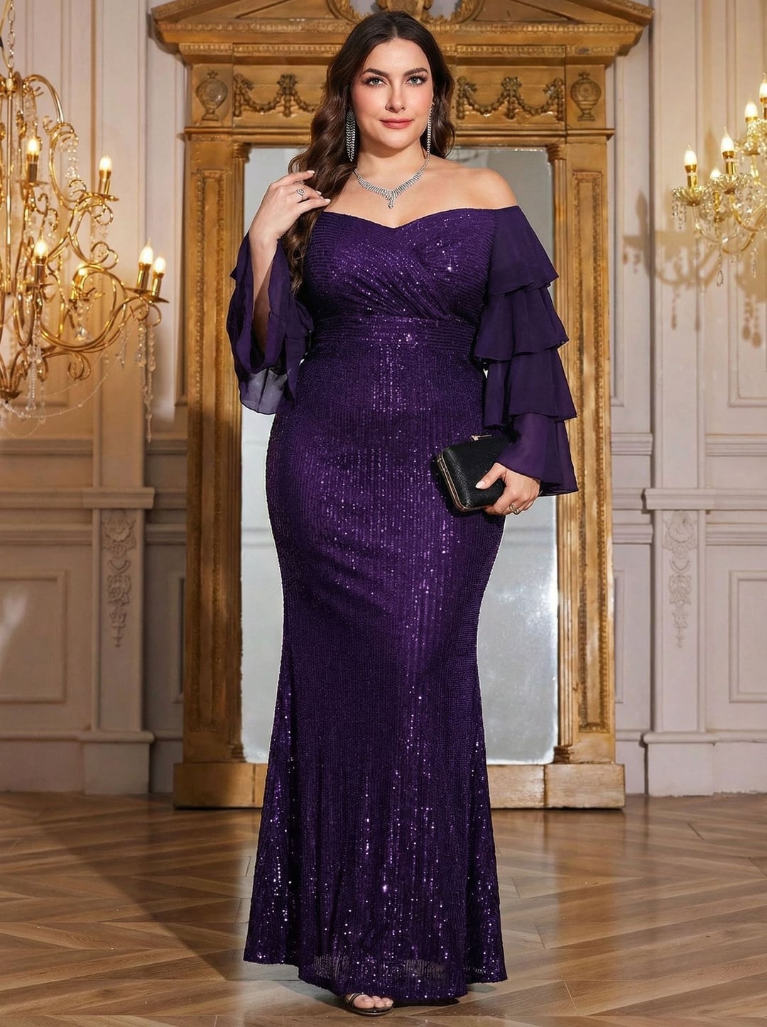 Plus Size Women Off Shoulder Cake Sleeve Dress, Elegant European American Style
