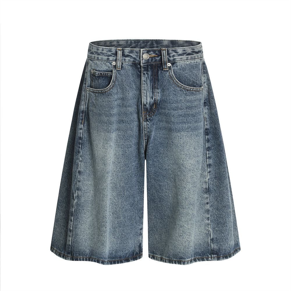 Men's American Vintage Washed Denim Five-Point Loose Wide-Leg Pants