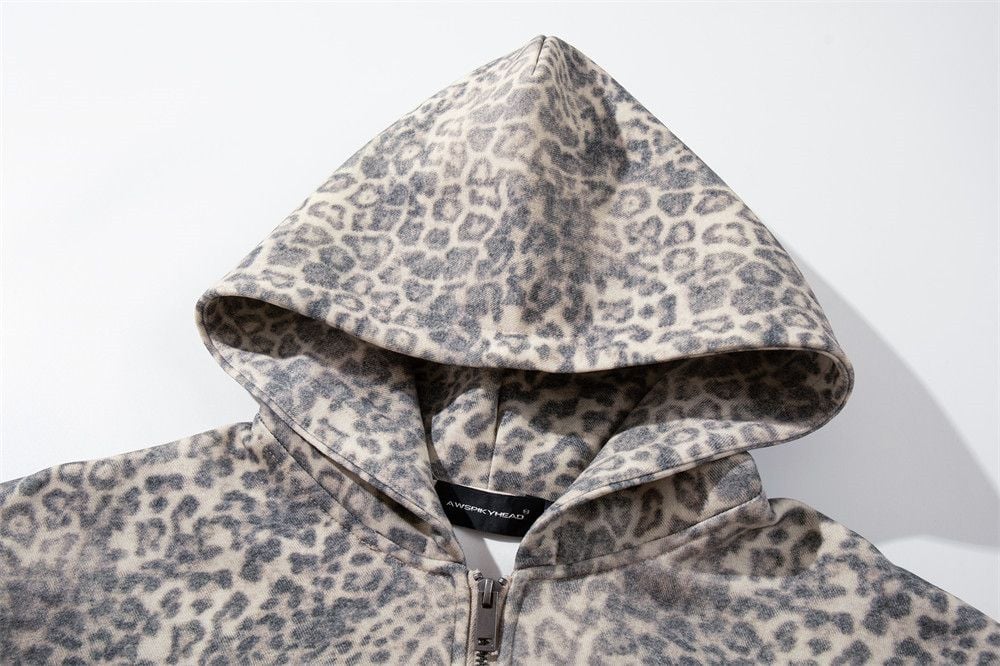 Men Vintage Washed Leopard Print Pullover Hoodie, Punk Niche Street‑Style Loose Casual Sweatshirt Jacket for Spring Autumn