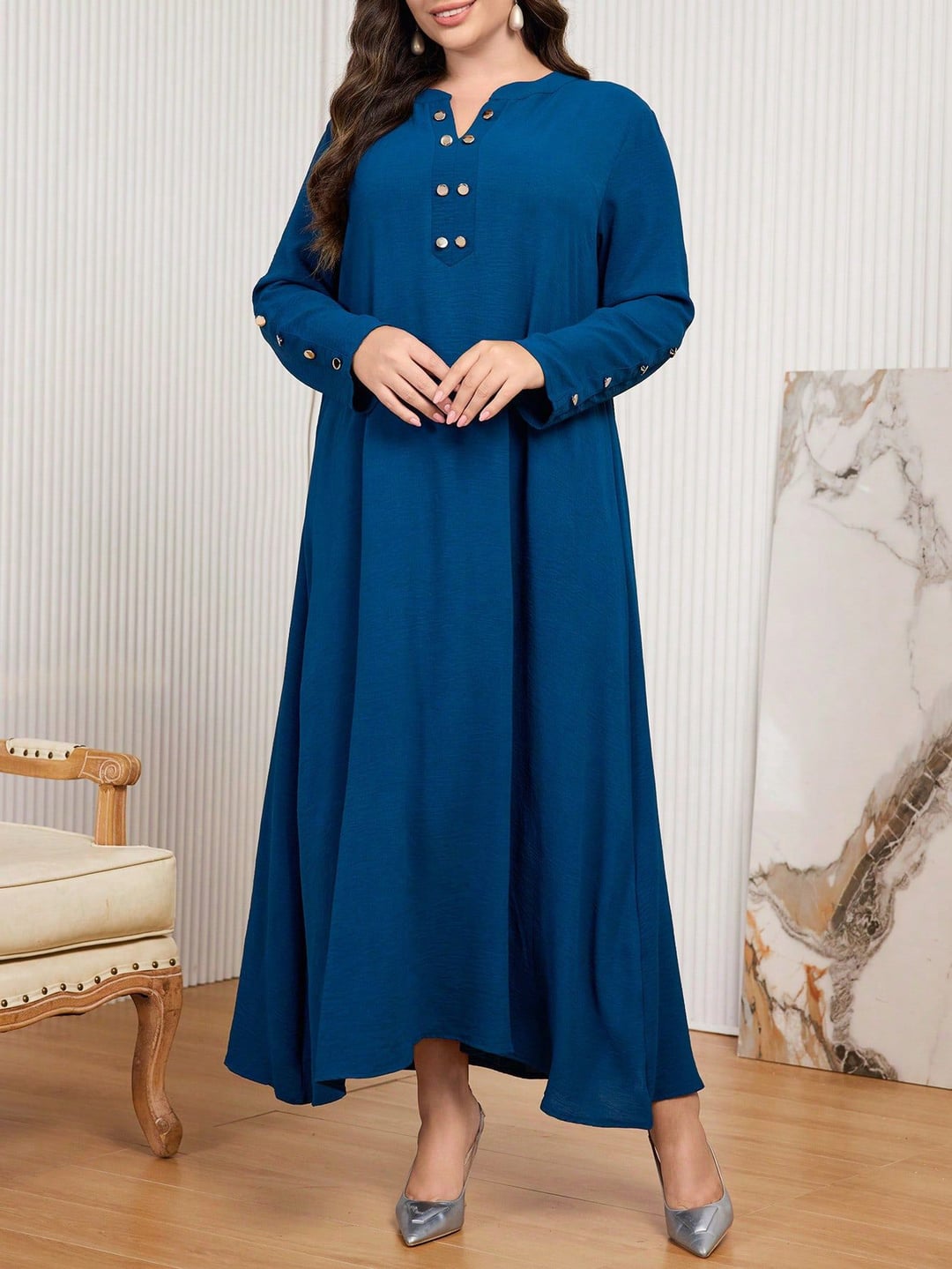 Plus Size Ethnic Style Long Sleeve Loose Maxi Dress For Women
