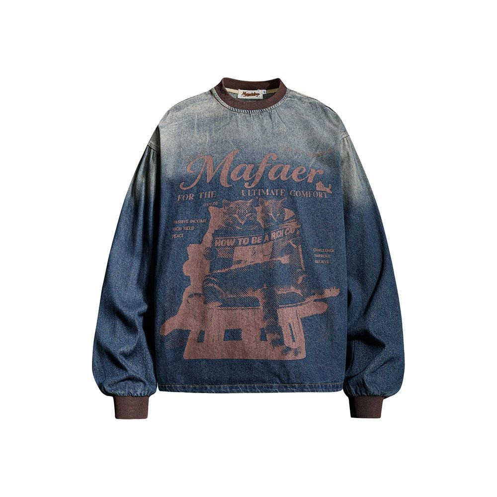 Men Punk Streetwear Vintage Tie‑Dye Distressed Denim‑Effect Crew Neck Pullover Sweatshirt, Loose Casual Top for Spring Autumn