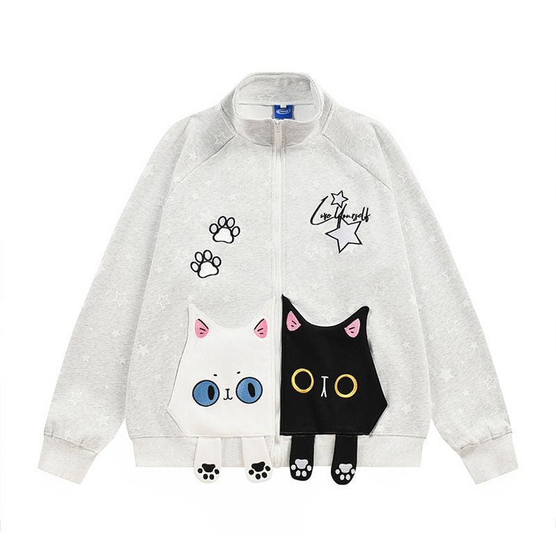 Hip Hop Star Printed Loose Zip Up Jacket, Men's Casual Cartoon Patch Pocket Stand Collar Sweatshirt Coat